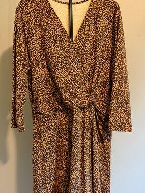 Lands' End Brown and Beige Long-Sleeve Wrap Dress